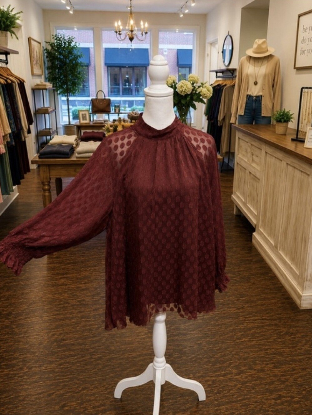 DR2 Plum Polka-Dot High-Neck Long-Sleeve Blouse